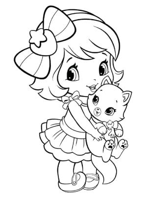 Küçük Kız boyama sayfası,  coloring page, Yavru Kedi Tutan Küçük Kız, 