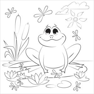 Kurbağa boyama sayfası, coloring page, Gölette yusufçukları izleyen bir kurbağa.,