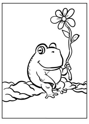 Kurbağa boyama sayfası, coloring page, Elinde çiçek olan kurbağa,