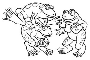 Kurbağa boyama sayfası,  coloring page, Üç kurbağa dalga geçiyor., 