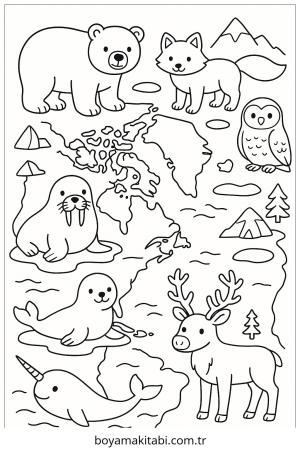 Kutup Hayvanları boyama sayfası – basit çizim, kolay boyama
