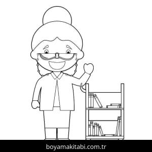 Kütüphane boyama sayfası – sevimli karakter, sanatsal çalışma