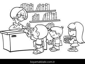 Kütüphane boyama sayfası – okul öncesi, evde etkinlik