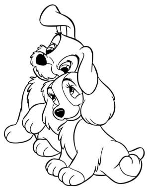 Leydi ile Sokak Köpeği boyama sayfası,  coloring page, Lady ve The Tramp sarılıyor, 