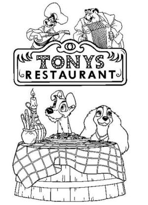 Leydi ile Sokak Köpeği boyama sayfası,  coloring page, Tony’s Restaurant’ta mum ışığında akşam yemeği, 