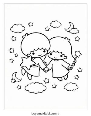 Little Twin Stars boyama sayfası – boyama çalışması, yaratıcılığı geliştirir