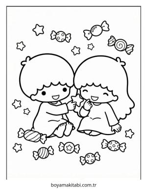 Little Twin Stars boyama sayfası – eğlenceli etkinlik, el becerilerini geliştirir