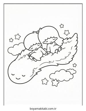 Little Twin Stars boyama sayfası – sevimli karakter, sanatsal çalışma