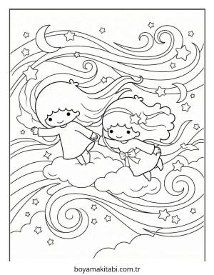 Little Twin Stars boyama sayfası – çocuk aktivitesi, PDF indir