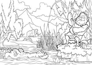 Mağara Adamı boyama sayfası,  coloring page, Mağara Adamı Balık Tutma Timsahları, 