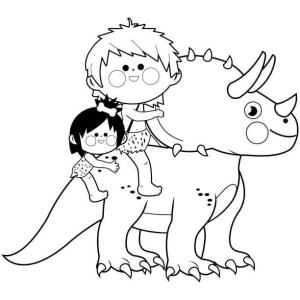 Mağara Adamı boyama sayfası,  coloring page, Triceratops Binme İki Mağara Adamı Çocuk, 