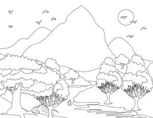 Manzara boyama sayfası,  coloring page, Dağlar ve Ağaçlarla Manzara, 