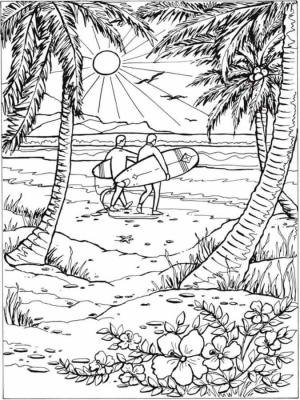 Manzara boyama sayfası,  coloring page, Hawaii Plajında ​​Rahatlama, 