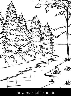 Manzara boyama sayfası – çocuklar için, çizgi film temalı