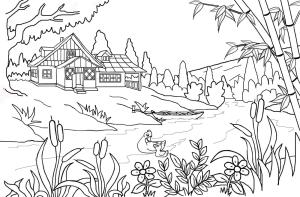 Manzara boyama sayfası,  coloring page, Göl Kenarı Ev Manzarası, 