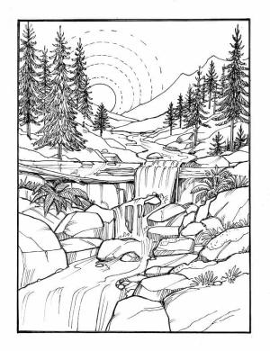 Manzara boyama sayfası,  coloring page, Şelaleli Güzel Manzara, 