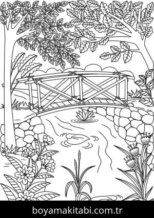 Manzara boyama sayfası – çizgi film temalı, basit çizim