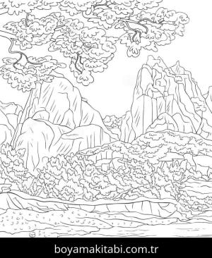 Manzara boyama sayfası – PDF indir, sevimli karakter