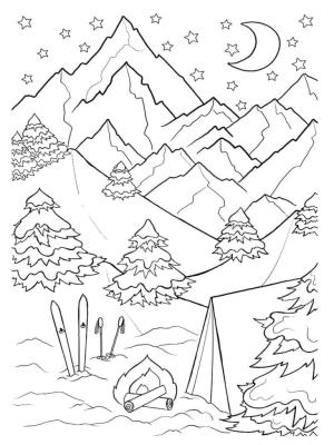 Manzara boyama sayfası,  coloring page, Dağlarla Gece Manzarası, 