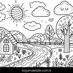 Manzara boyama sayfası – çocuklar için, çizgi film temalı