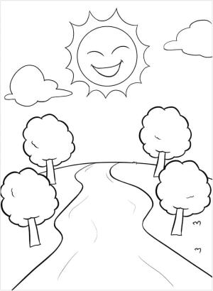 Manzara boyama sayfası,  coloring page, Mutlu Güneş ve Nehir, 