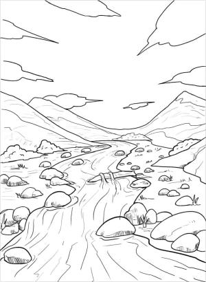 Manzara boyama sayfası,  coloring page, Doğal Nehir Sahnesi Ücretsiz, 