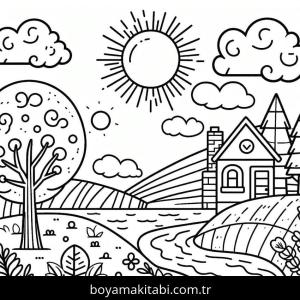 Manzara boyama sayfası – çocuk aktivitesi, PDF indir