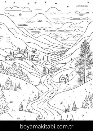 Manzara boyama sayfası – PDF indir, sevimli karakter