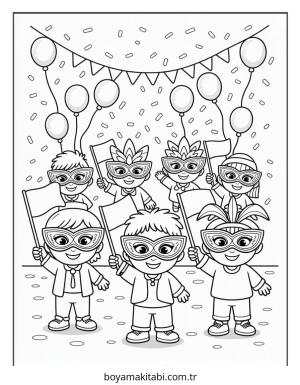 Mardi Gras boyama sayfası – çocuk aktivitesi, PDF indir