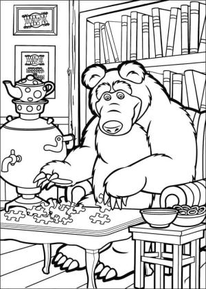 Maşa ile Koca Ayı boyama sayfası,  coloring page, Ayı Bulmaca Oynuyor, 