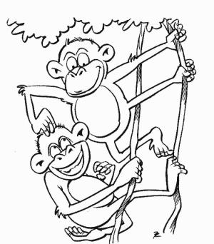 Maymun boyama sayfası, Monkey coloring page, Dal Ağacı ile Komik İki Maymun, 