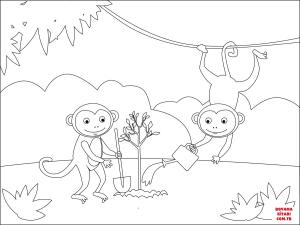 Maymun boyama sayfası, Monkey coloring page, , monkeys monkeys planting a tree 