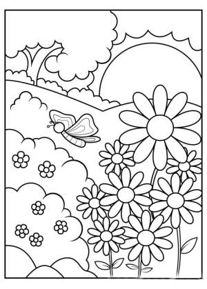 Mevsimler boyama sayfası,  coloring page, Baharda Çiçek Açan Kelebek, 