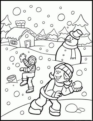 Mevsimler boyama sayfası,  coloring page, Kışın iki çocuk ve Kardan Adam, 