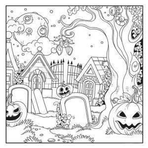 Mezarlık boyama sayfası,  coloring page, Balkabağı Ve Yarasa ile Halloween Mezarlığı, 