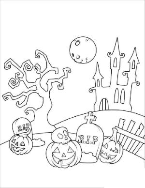 Mezarlık boyama sayfası,  coloring page, Mezarlık Cadılar Bayramı, 