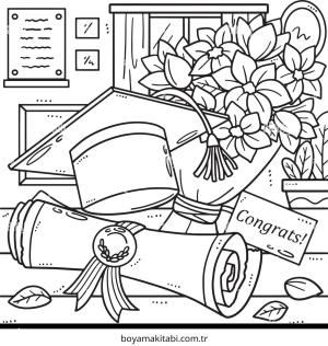 Mezuniyet boyama sayfası – çizgi film temalı, basit çizim