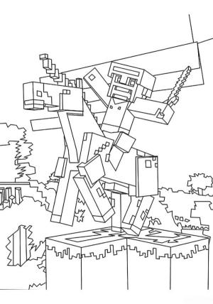 Minecraft boyama sayfası,  coloring page, Elinde kılıcı olan iyi gelişmiş bir karakter dağın tepesinde ata biniyor, 