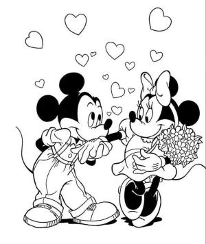 Minnie Mouse boyama sayfası,  coloring page, Gülümseyen Mickey Mouse ve Minnie Mouse elinde bir Buket çiçek Tutuyor, 