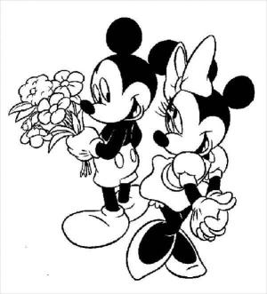 Minnie Mouse boyama sayfası,  coloring page, Bir buket Çiçek ve Minnie Mouse tutan Mickey Mouse, 