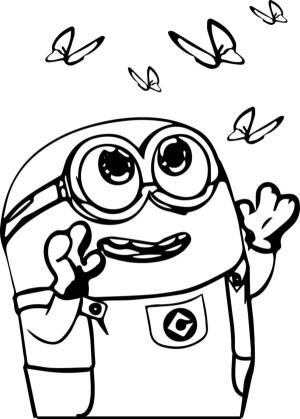 Minyonlar boyama sayfası,  coloring page, Küçük minion kelebeklere seviniyor., 