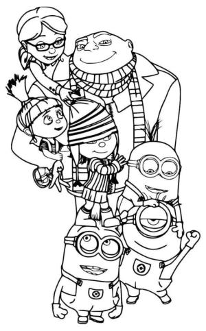 Minyonlar boyama sayfası,  coloring page, Minyonlar ve diğer karakterler Grew’a sarılır., 