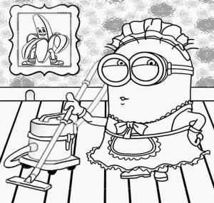 Minyonlar boyama sayfası,  coloring page, Minyon kız odayı temizliyor., 