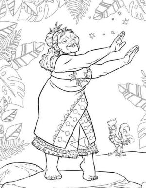 Moana boyama sayfası,  coloring page, Hei Hei, Yaşlı kadın Tala’nın Dansını Izliyor, 