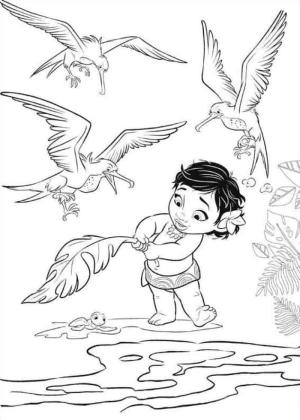 Moana boyama sayfası,  coloring page, Bebek Moana ve Kumsalda Martılarla Bebek Kaplumbağa, 