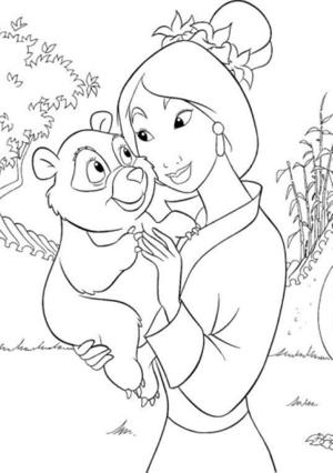 Mulan boyama sayfası,  coloring page, Mulan bir ayıya sarılıyor, 