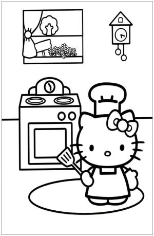 Mutfak boyama sayfası,  coloring page, Hello Kitty Mutfakta Yemek Pişirme, 