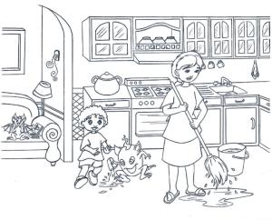 Mutfak boyama sayfası,  coloring page, Mutfakta İki Çocuk ve Canavar, 