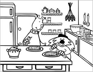 Mutfak boyama sayfası,  coloring page, Mutfakta Yemek yiyen Hayvanlar, 