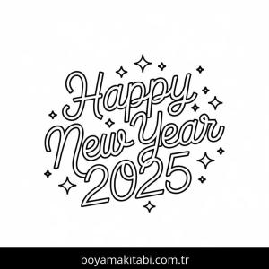 Mutlu Yıllar 2025 boyama sayfası – çizgi film temalı, basit çizim